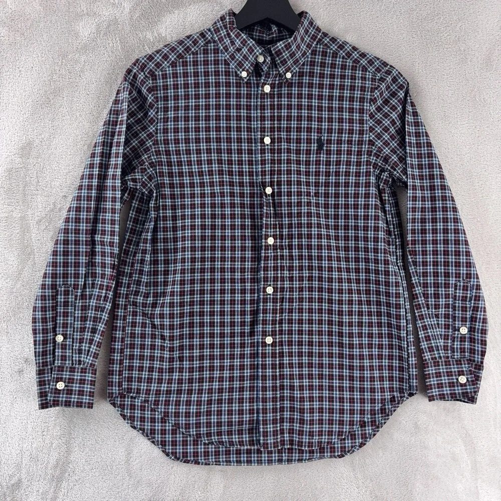 Ralph Lauren Plaid Button Down Shirt Boys Medium Blue Red Cotton Pony Preppy